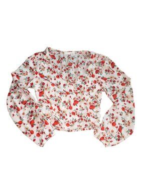Heatherly Womens Floral Blouse-Balloon Sleeves-White/Red-Size XSP-GUC
